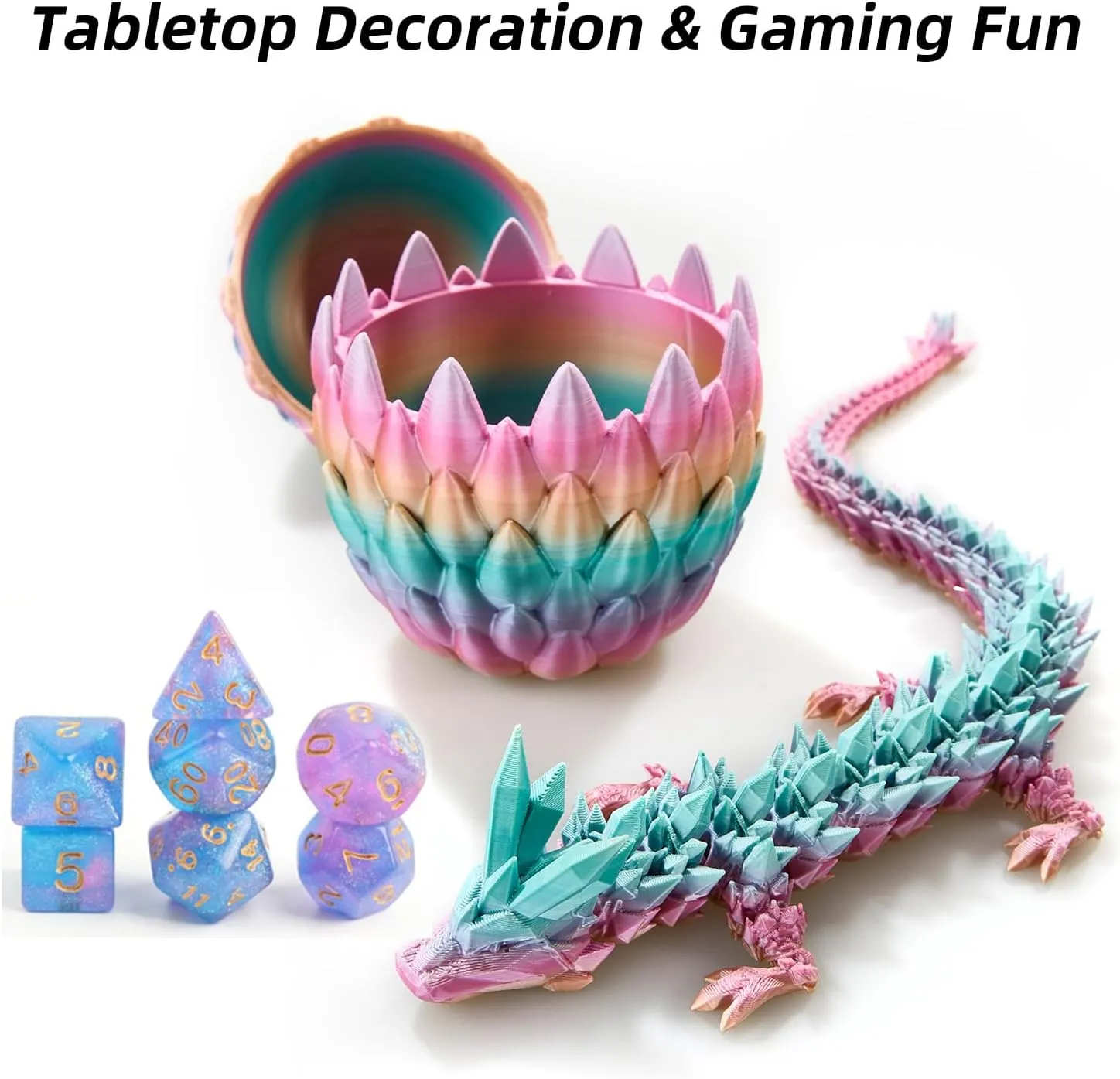 Dice Set (7 Pieces) and 3D bottom previous imprint Printed Dragon Egg (Rainbow) DND 