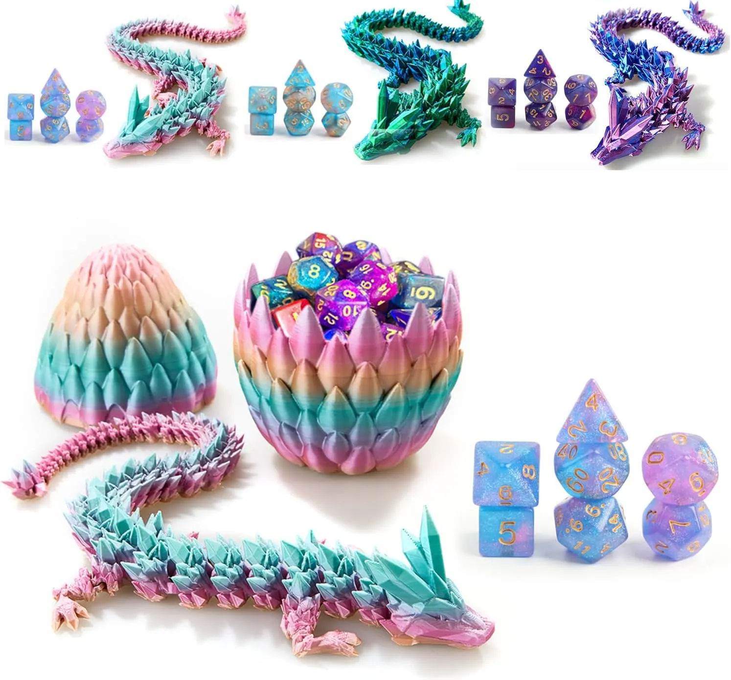 Dice Set (7 Pieces) and 3D bottom previous imprint Printed Dragon Egg (Rainbow) DND 