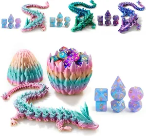 Dice Set (7 Pieces) and 3D bottom previous imprint Printed Dragon Egg (Rainbow) DND 