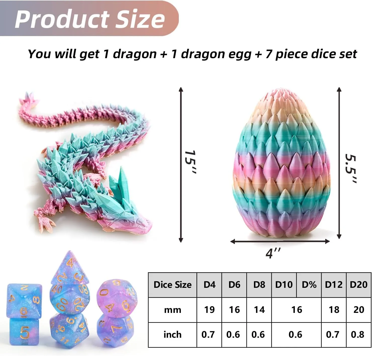 Dice Set (7 Pieces) and 3D bottom previous imprint Printed Dragon Egg (Rainbow) DND 