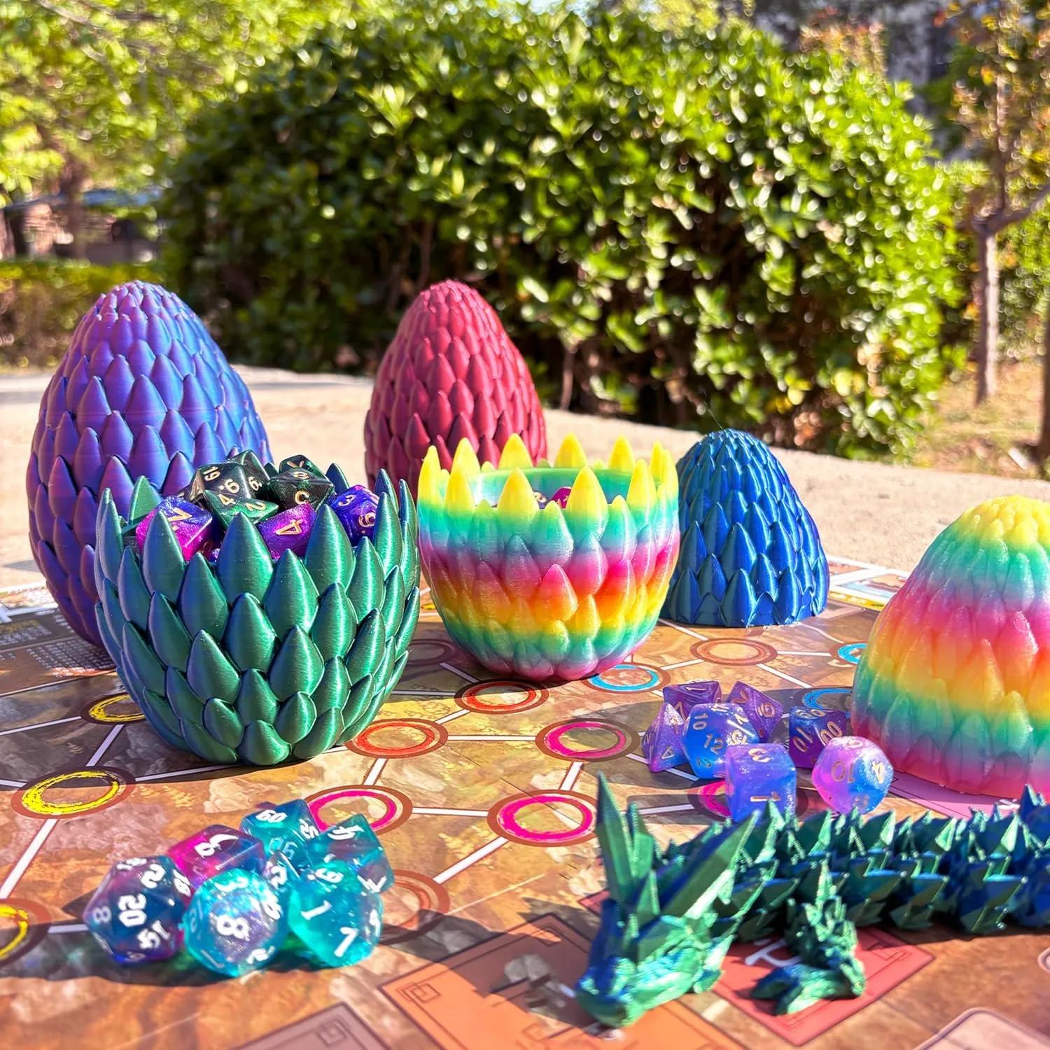 Dice Set (7 Pieces) and 3D bottom previous imprint Printed Dragon Egg (Rainbow) DND 