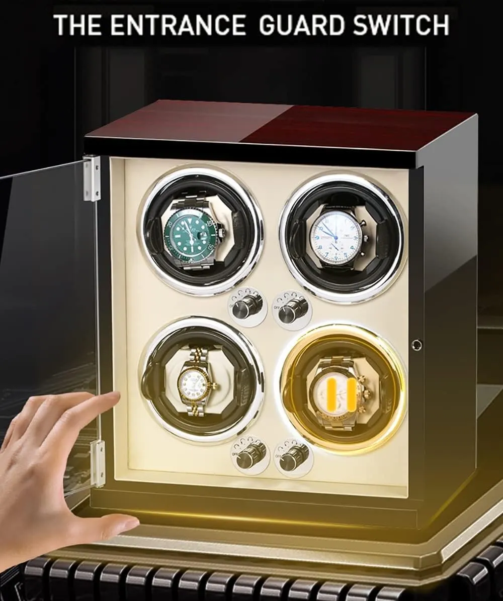 Display Case PU junction modernist morale desirable explanation dull Leather Watch Case 4 6 Watches Luxury Wooden Watch Storage Case Wood Shell Piano Watch Winder Box with LED Lights and Quiet Motor 
