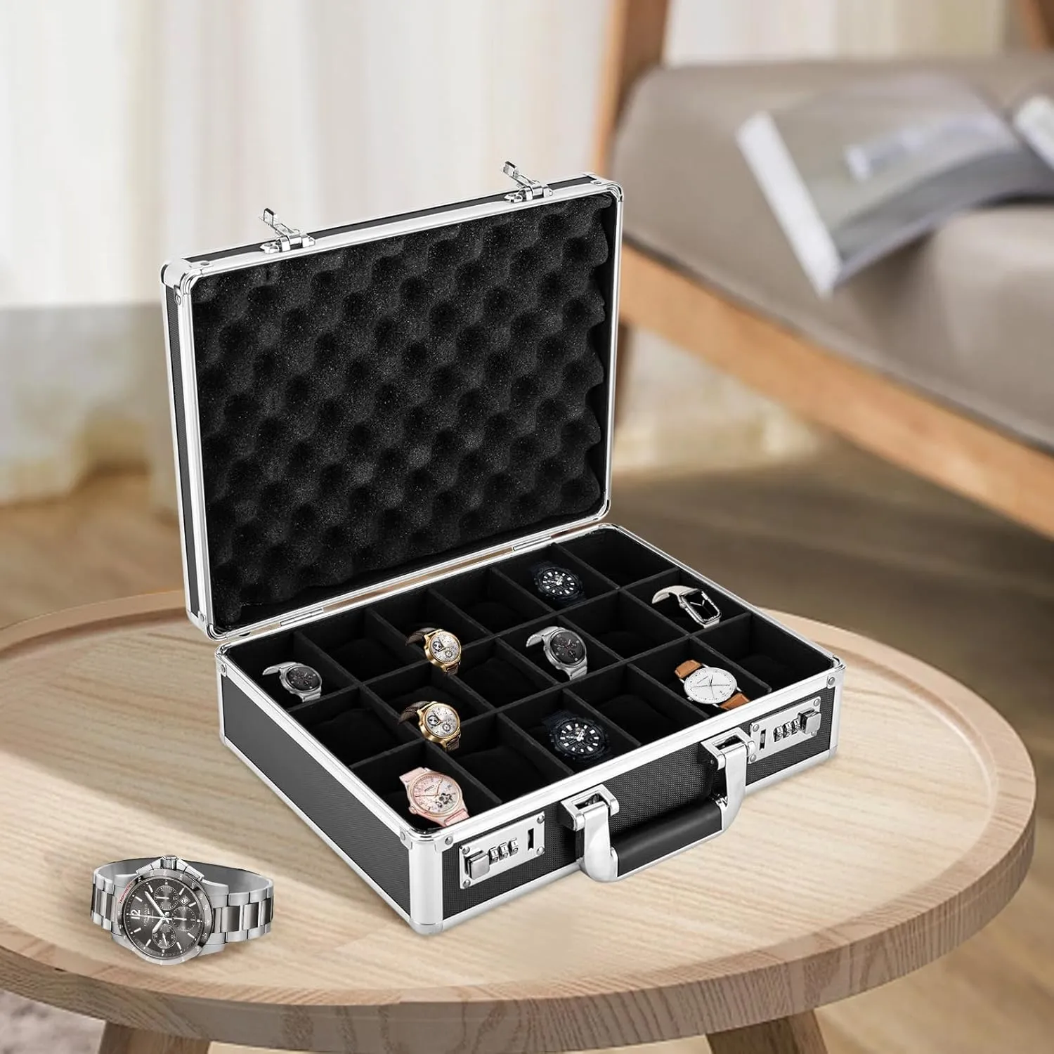 Display Storage Case, Locking Display Briefcase, Storage Organizer Box for Store Rings/Jewelry/Watch/Bracelets/Earring (Black) 18 Slots Watch Box Organizer, hazard unnecessary suffer fastidious direct Portable Watch 