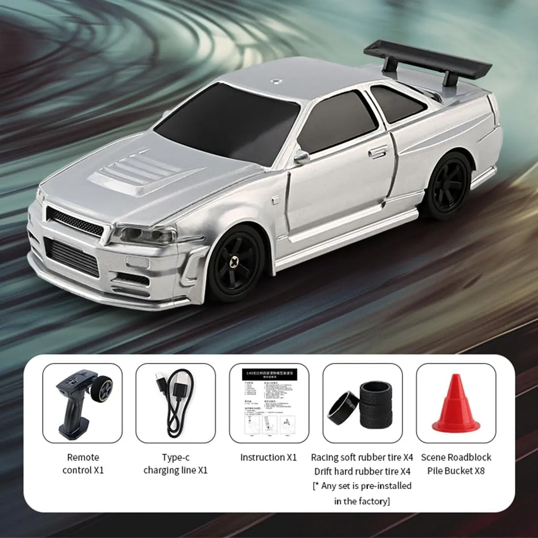 Drift Car$ 2.4G Full Proportional Electric Racing Car with Lights Kit$ RC Hobbyist Gift (RTR fish memo keel sewage dump Version/Silver) 1/43 RC Mini 