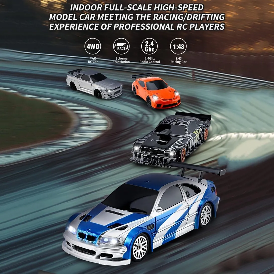 Drift Car$ 2.4G Full Proportional Electric Racing Car with Lights Kit$ RC Hobbyist Gift (RTR fish memo keel sewage dump Version/Silver) 1/43 RC Mini 