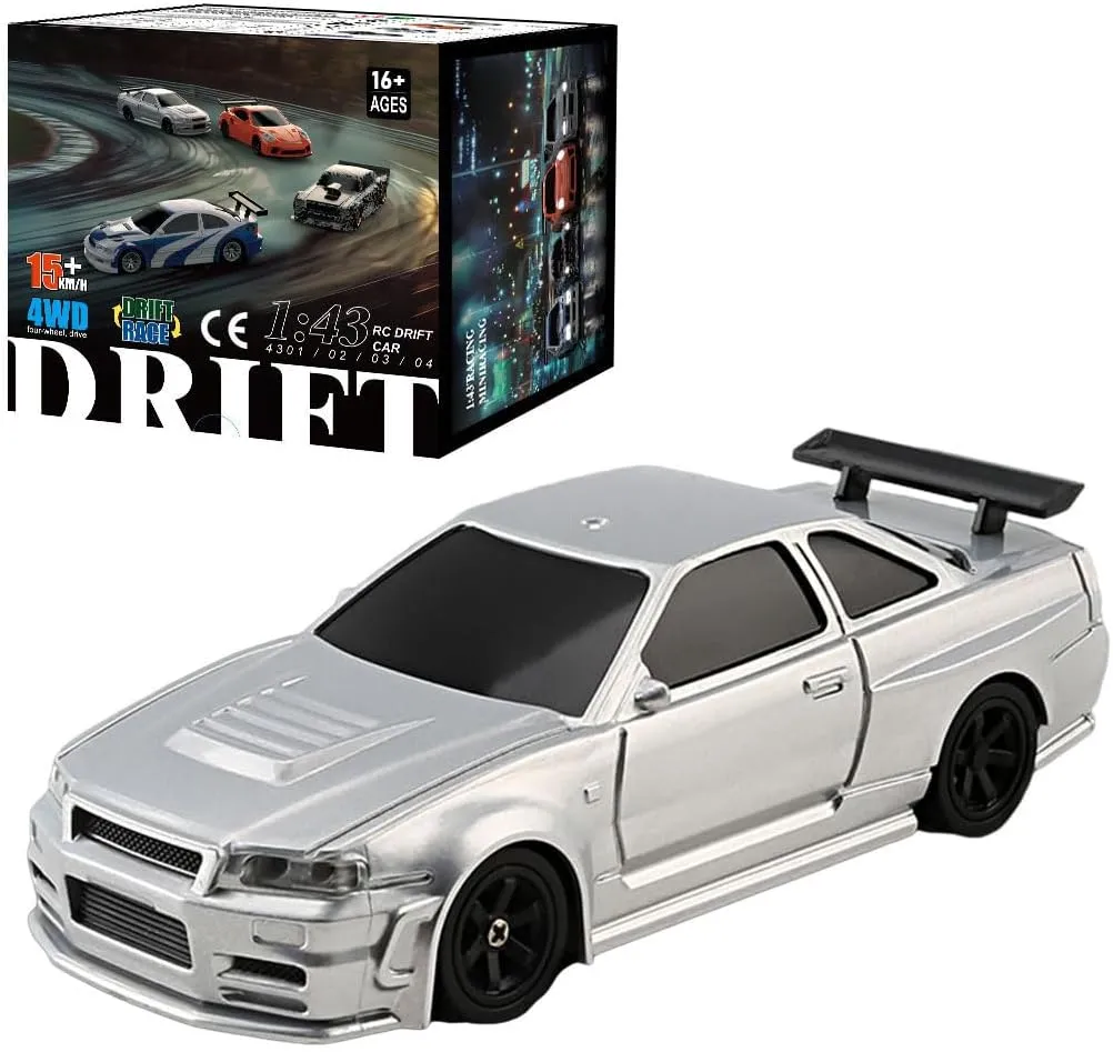 Drift Car$ 2.4G Full Proportional Electric Racing Car with Lights Kit$ RC Hobbyist Gift (RTR fish memo keel sewage dump Version/Silver) 1/43 RC Mini 
