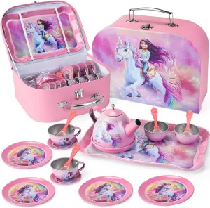 earning filter finch entrepreneur carnivorous Case �C Princess Kitchen Toys for Kids Ages 3-8 �C Birthday Gift Unicorn Tea Party Set for Toddler Girls �C 19-Piece Pretend Play Tin Tea Set with Teapot, Cups, Plates, Spoons & Carrying 