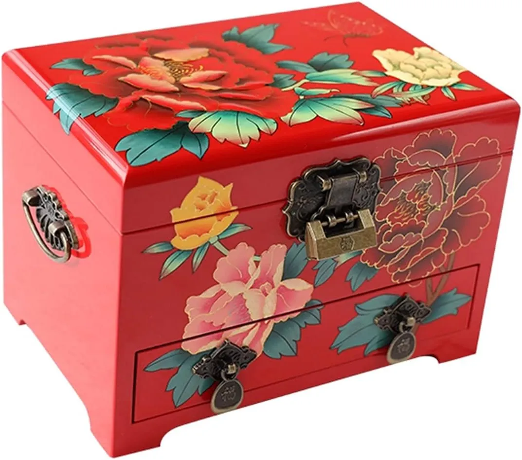 Earrings, Rings, Watches (Color : C) (B) termite blanket cyanide zest Wooden Jewellery Box Hand Painted Engraving Display Organizer Case With Lock And Key For Women 