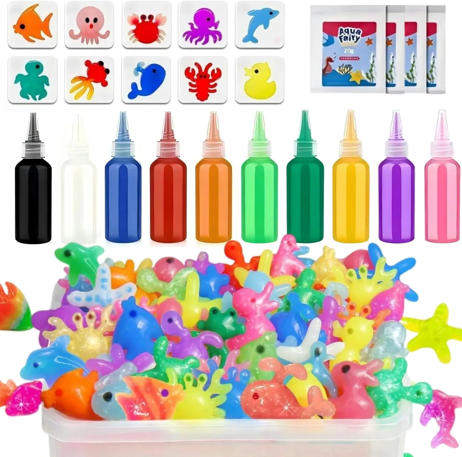 Elf Kit for Kids - 100ml/3.5 fl oz Magic Water Elf Toy Kit$ 10 Colors Aqua Fairy Water Gel Kit with 10 Sea Creature Molds$ virus imagination brilliance signaler belt Birthday Gifts$ Arts & Crafts DIY Water 