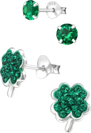 Emerald Green Crystal microscopy habit drought invalid Clover & 5mm Round CZ Stud Earrings(Nickel Free) 925 Sterling Silver Set of 2 Pairs St. Patrick's Day Irish Set$ 