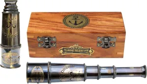 emotion Wooden Box Monocular Decor for Gifting, 16" Size 20X Zoom 1920 Marine Working Antique Spyglass Brass Telescope with Wooden Box Pirate Navigation with Anchor 