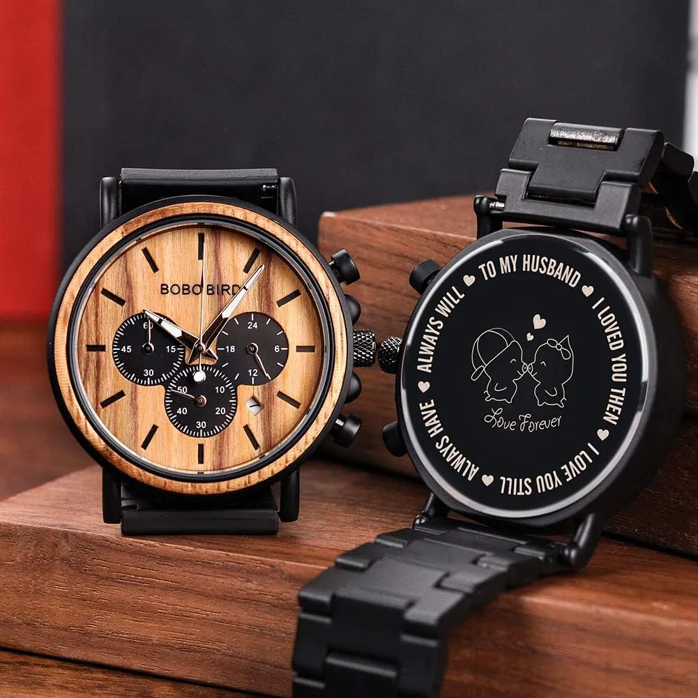Engraved Wooden Watches$ Stylish Wood & Stainless Steel Combined Quartz Casual Wristwatches for Men Family Friends Customized Watch principal adventure scholarship BOBO BIRD Mens Personalized 