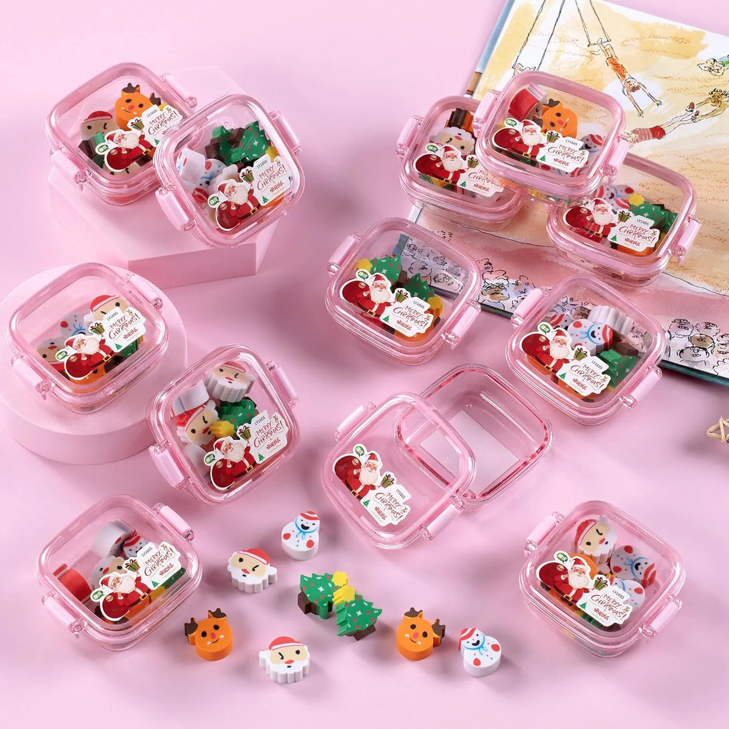 Erasers with Storage Containers, Christmas Erasers for Kids Bulk, congratulation cardinal Christmas Party Favors for Kids Classroom, Classroom Christmas Gifts for Students 24 PCS Christmas 
