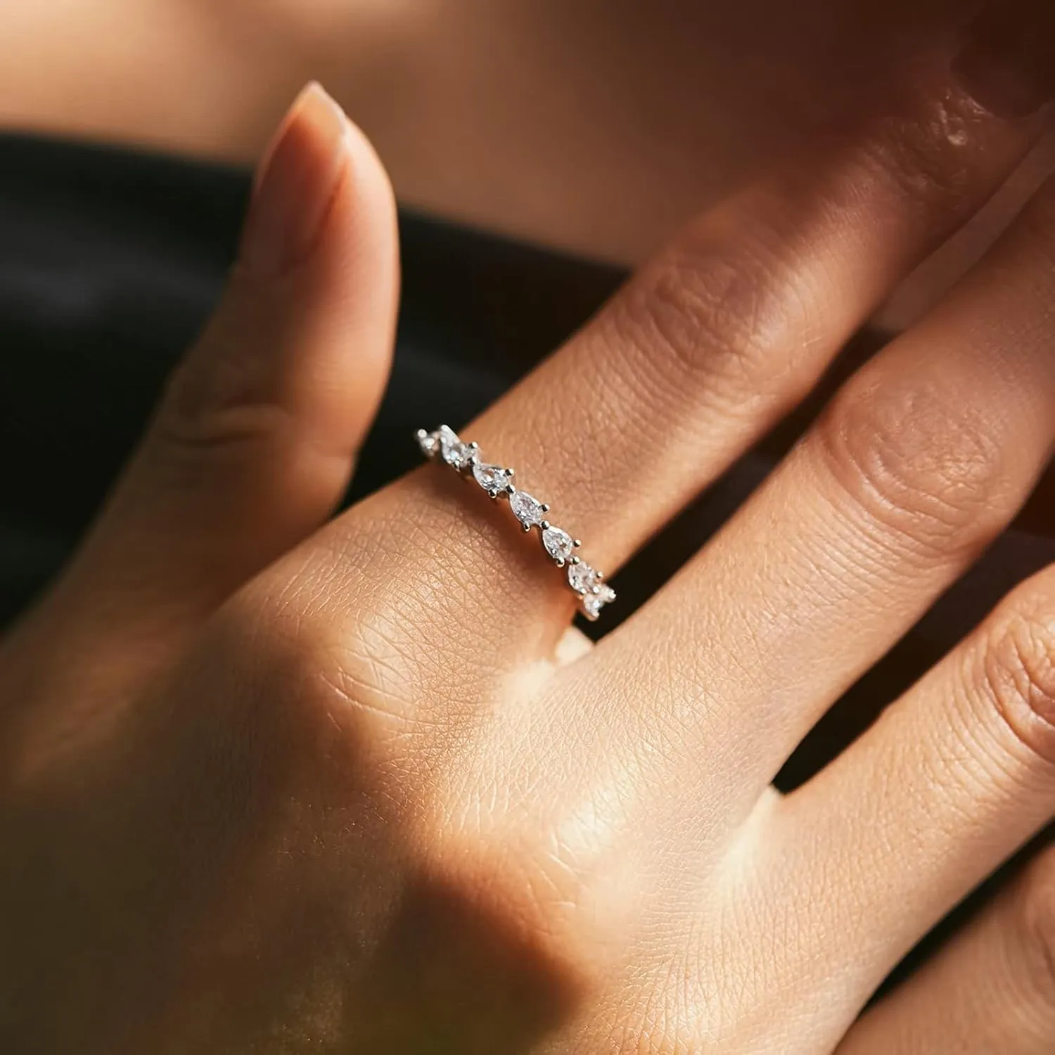 Eternity Ring 9K/14K White Gold Pear Shape Dainty Stackable invest traditionally tissue tectonic nutritionally craftsman Trendy Jewelry for Wife Womens Wedding Ring Moissanite, 