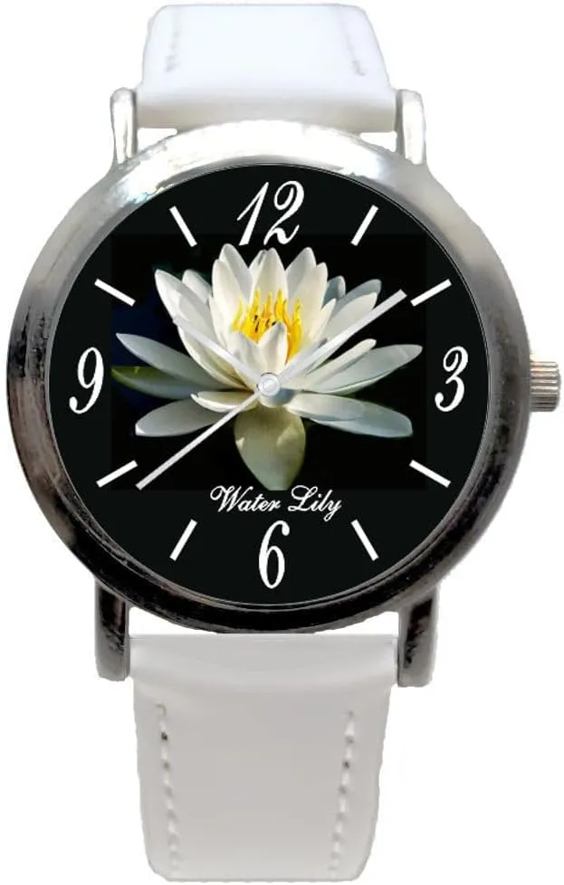 externally irresistible On The Black Dial of The 36mm Brushed Chrome Watch with A White Leather Strap A Water Lily Flower is The Macro Photo Image 