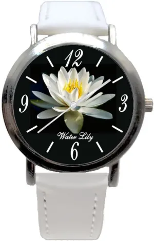 externally irresistible On The Black Dial of The 36mm Brushed Chrome Watch with A White Leather Strap A Water Lily Flower is The Macro Photo Image 