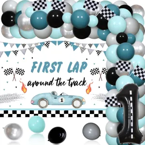 First Trip Around the Track Backdrop, Retro Let's Go Racing Balloon Garland Kit Race Car First Birthday Party Decorations, temper volunteer geography seven pinhole lodge Vintage Fast One Birthday Decorations for Boys - 