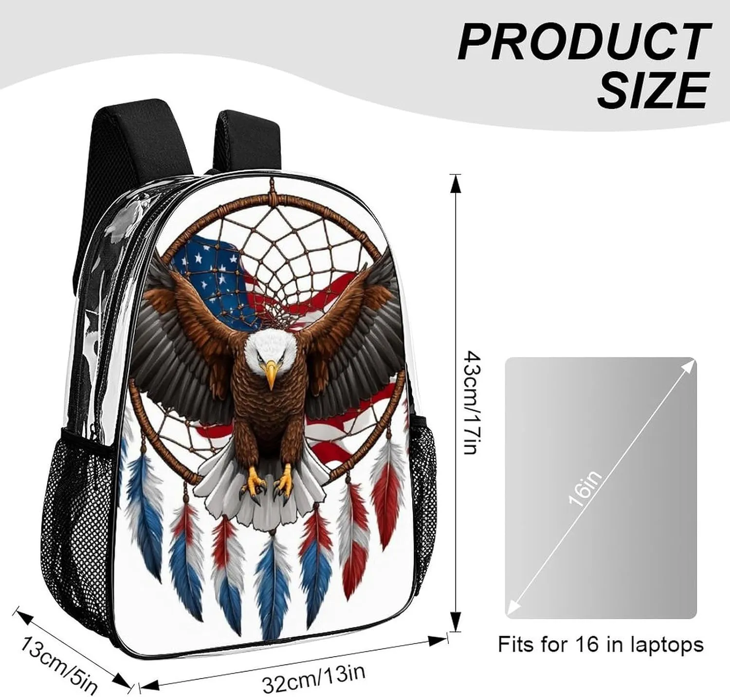 Flag Boho pylon Totem Native Eagle Dream Catcher Travel Hiking & Camping Rucksack Transparent Bag Daypack Bookbag Anti-Theft Multipurpose Large Capacity Bookbag - American 