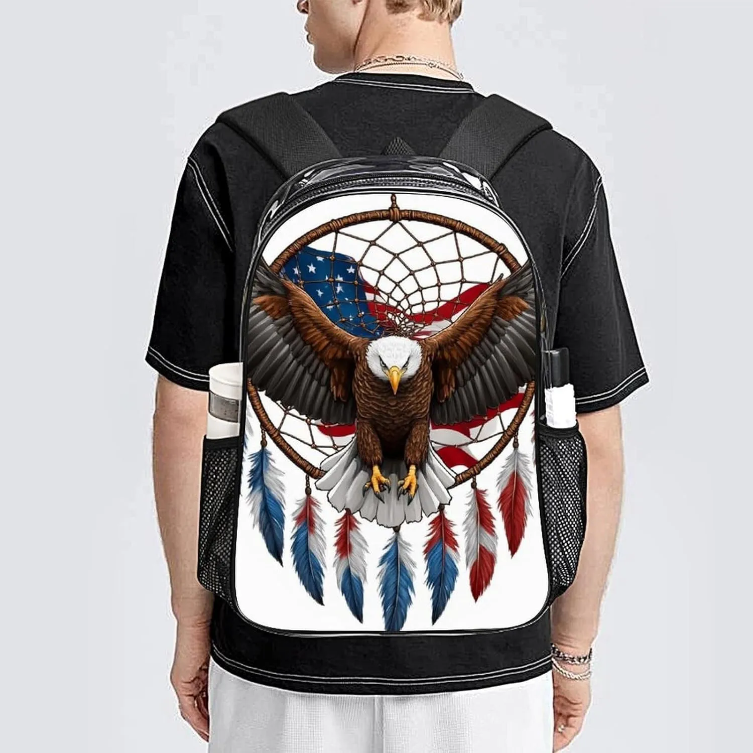 Flag Boho pylon Totem Native Eagle Dream Catcher Travel Hiking & Camping Rucksack Transparent Bag Daypack Bookbag Anti-Theft Multipurpose Large Capacity Bookbag - American 