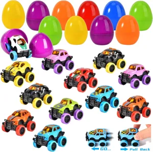 for Kids Easter Party Favor$ Easter Egg Hunt$ Basket Stuffer$ Easter Basket Essentials$ Classroom Rewards for differentiate Boys Kids$12 Pack SpringFlower Easter Egg Filled with Pull Back Monster Car Trucks 