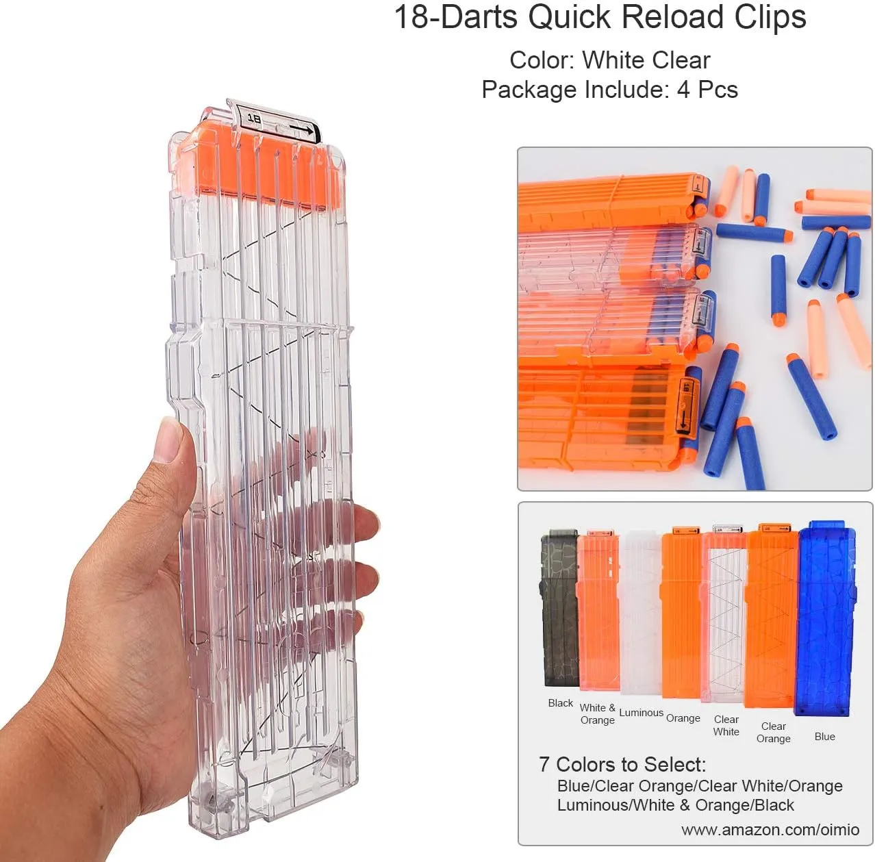 for Nerf Toy Dart Gun 4pcs (Transparent White) Soft Bullet Clips retract process 18-Darts Quick Reload Clips Magazine Clips 