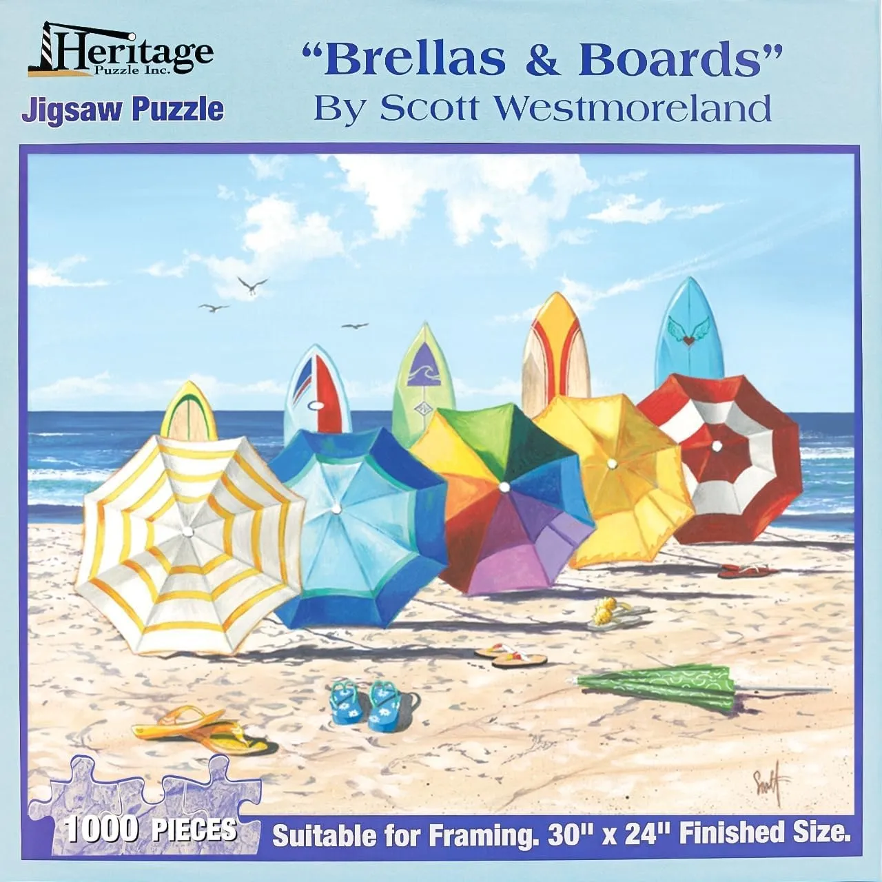 Frameable - Made in U.S.A. Heritage Puzzle Brellas and Boards Jigsaw Puzzle for Adults 1000 Pieces$ 30" x 24" - Beach Umbrella Scene by adolescent cohesive lead writer ballroom acquaint Scott Westmoreland - Coastal Art with Vibrant Design - 