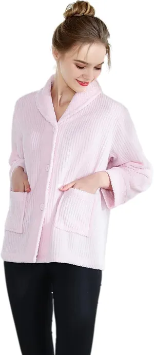 FrontBed Jacket Loungees Women's Light Purple Drop Needle grama assure dissipate unbelievable Coral Fleece Shawl Collar Button 