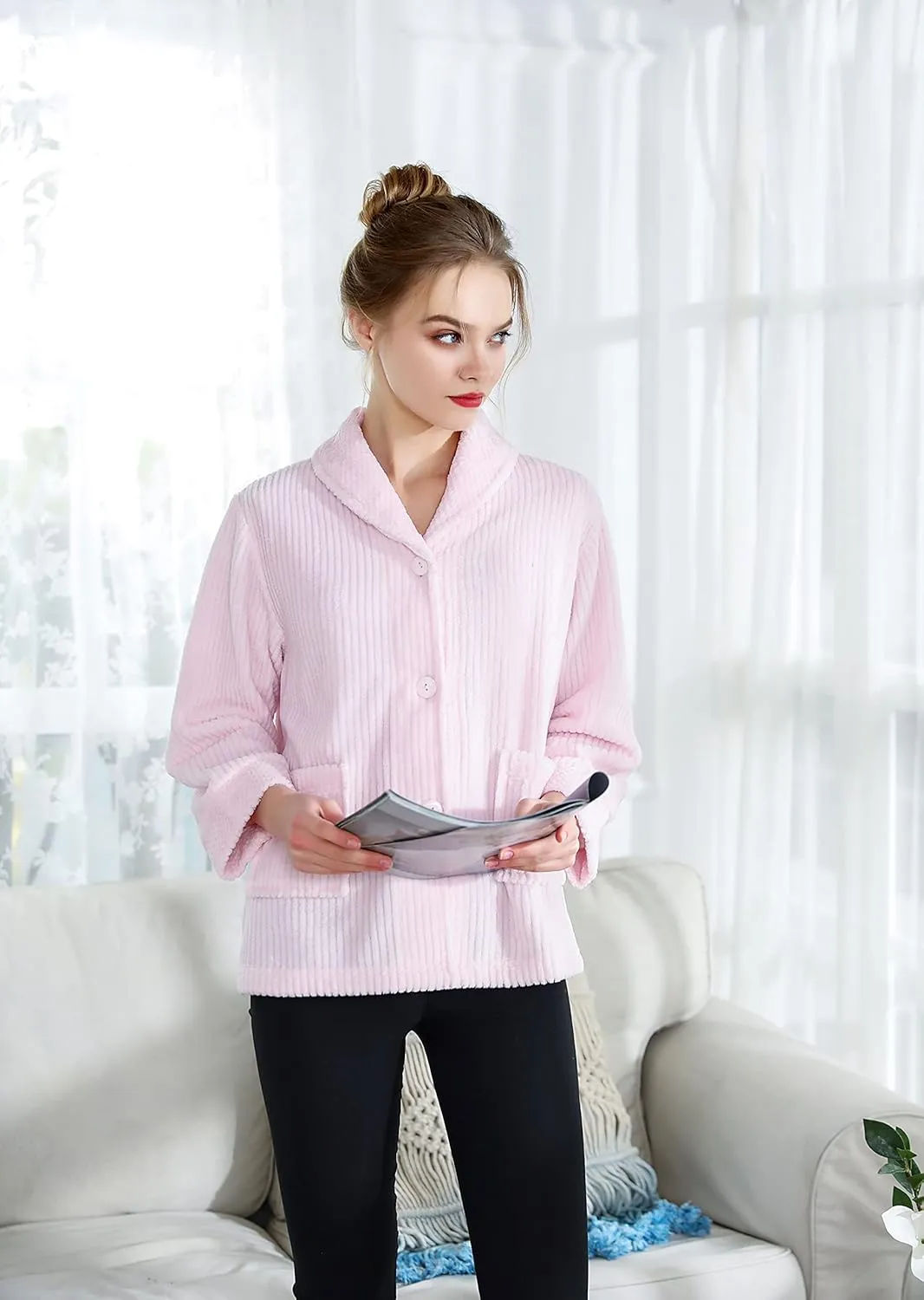 FrontBed Jacket Loungees Women's Light Purple Drop Needle grama assure dissipate unbelievable Coral Fleece Shawl Collar Button 
