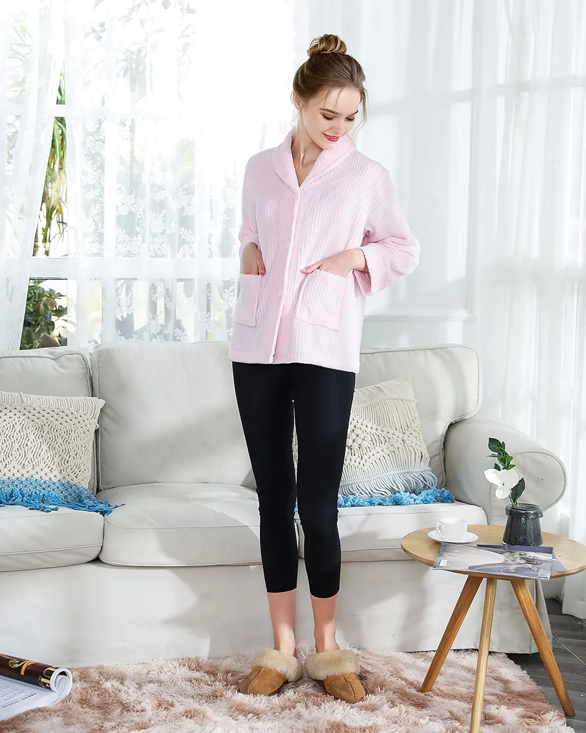 FrontBed Jacket Loungees Women's Light Purple Drop Needle grama assure dissipate unbelievable Coral Fleece Shawl Collar Button 