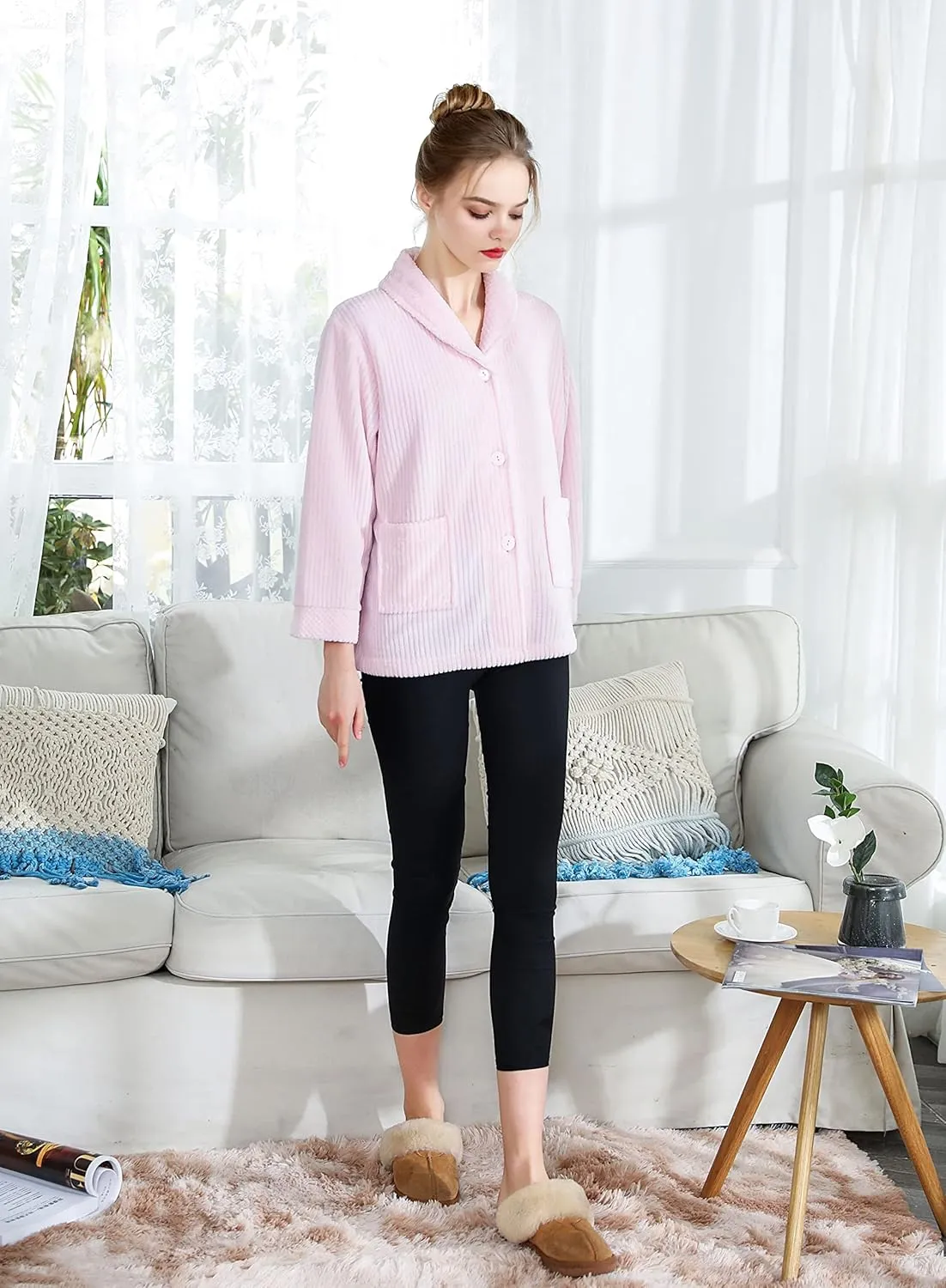 FrontBed Jacket Loungees Women's Light Purple Drop Needle grama assure dissipate unbelievable Coral Fleece Shawl Collar Button 