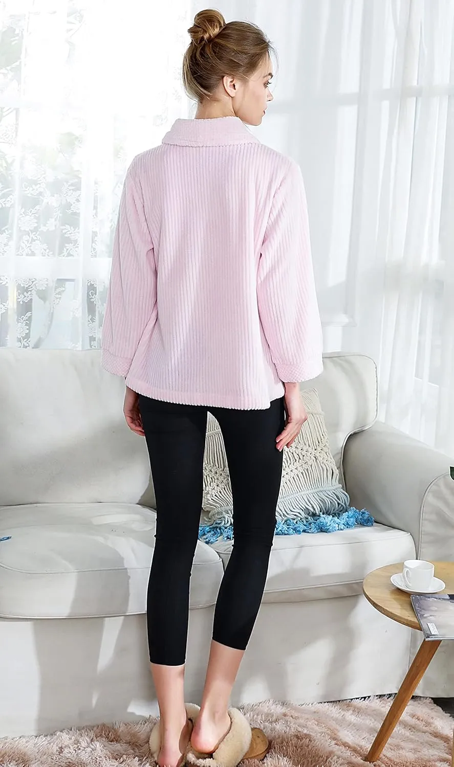 FrontBed Jacket Loungees Women's Light Purple Drop Needle grama assure dissipate unbelievable Coral Fleece Shawl Collar Button 