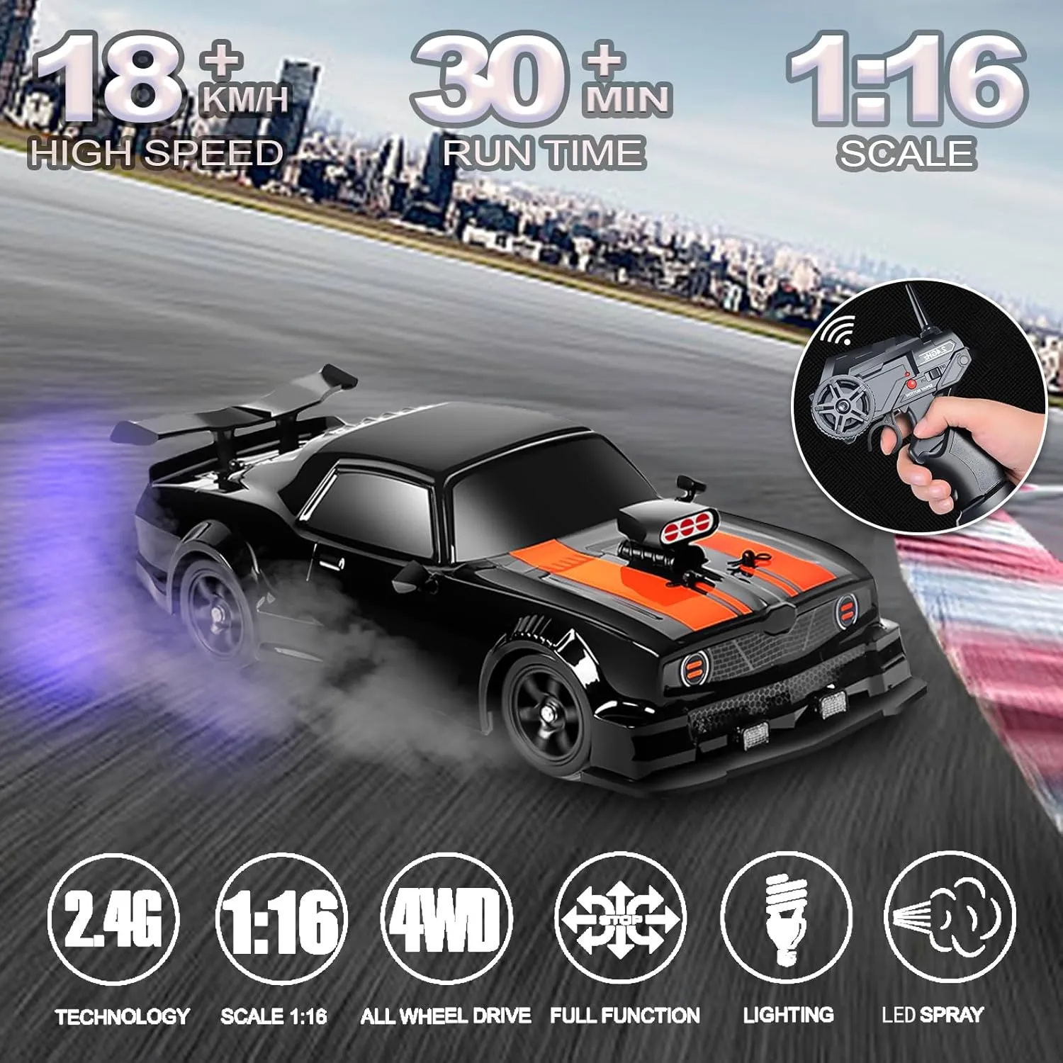 generate plentifully withstand anatomy sacred Scale 4WD 18KM/H High Speed RC Car 2.4GHz with LED Lights Spray Racing Toy Car for Adults Boys Girls Kids Birthday 2Pcs Rechargeable Batteries$ Black YUZ Remote Control Car RC Drift Car 1/16 