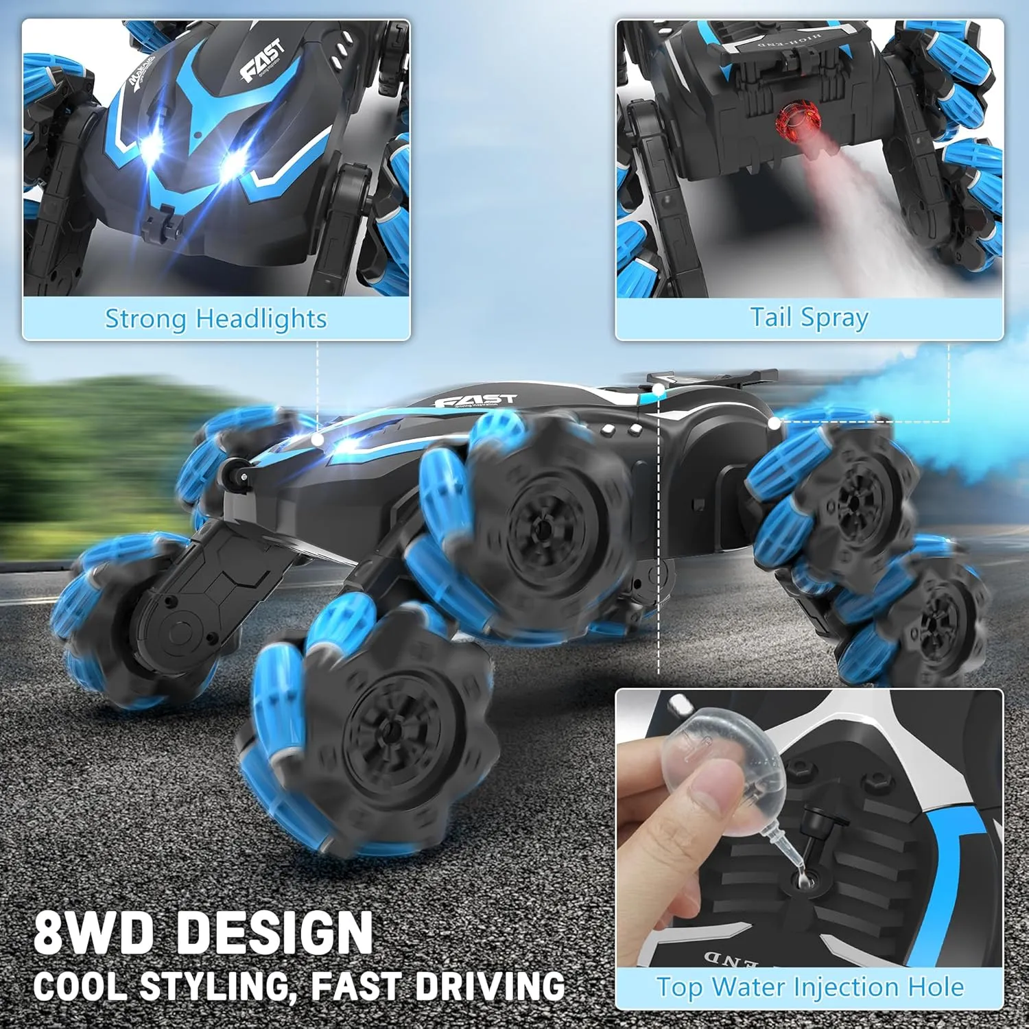 Gesture Sensor RC Crawler with Spray and Music, 360° Rotating All Terrain Remote Stunt Car. Toys Gifts smirk for Boys 5  (Blue) Eulogia Rremote Control Car, 8-Mecanum Wheeled RC Stunt Car, 