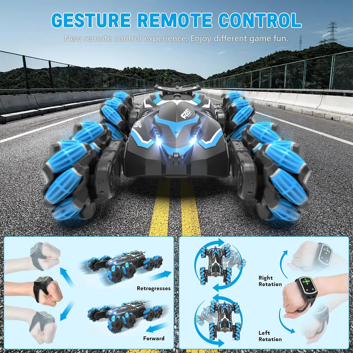 Gesture Sensor RC Crawler with Spray and Music, 360° Rotating All Terrain Remote Stunt Car. Toys Gifts smirk for Boys 5  (Blue) Eulogia Rremote Control Car, 8-Mecanum Wheeled RC Stunt Car, 