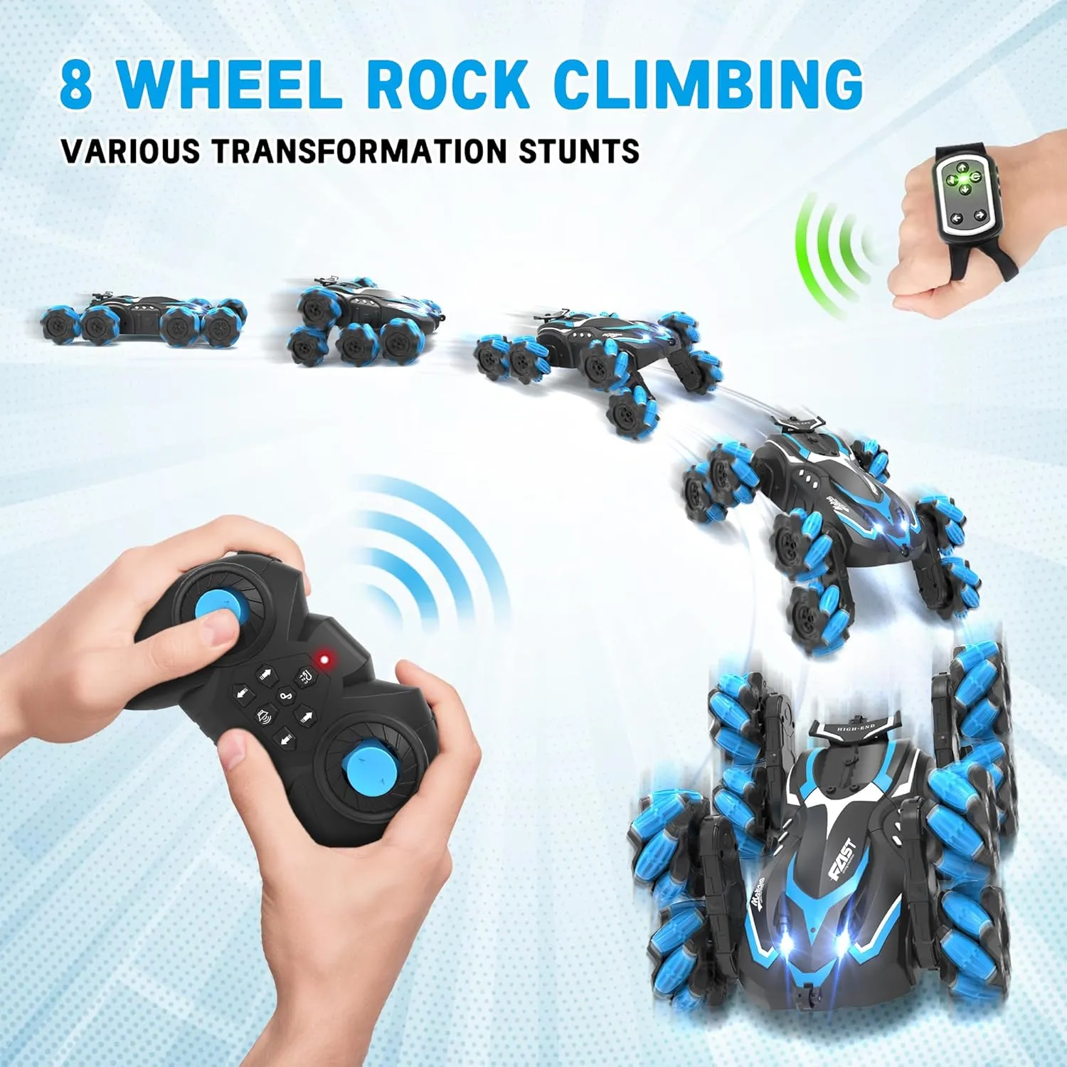 Gesture Sensor RC Crawler with Spray and Music, 360° Rotating All Terrain Remote Stunt Car. Toys Gifts smirk for Boys 5  (Blue) Eulogia Rremote Control Car, 8-Mecanum Wheeled RC Stunt Car, 