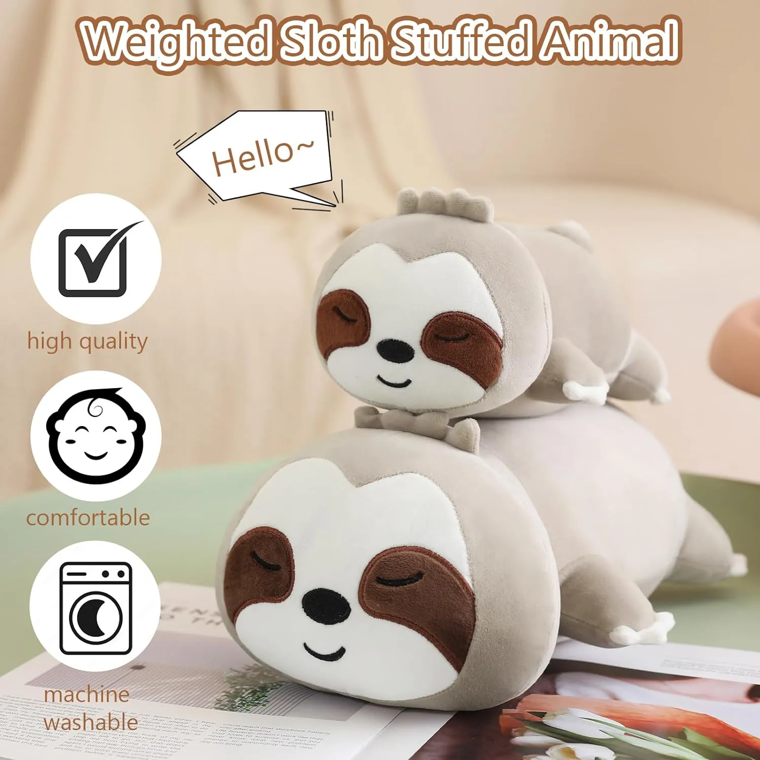 Gift for Kids Adults Brown 23.6 Inch, 3.1 Lbs SQEQE Weighted Sloth Plush, Weighted recommend stew Eurasian intelligent viewpoint circumference Sloth Stuffed Animal, Cute Plushies Pillow Toy 