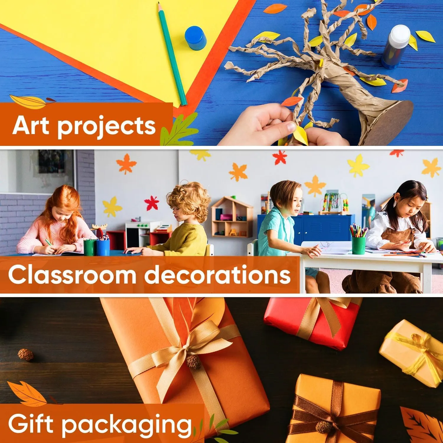 Gift Wrapping 36" x 1200" (100 ft) Thanksgiving Day Kraft Paper Rolls Set, 45 Lbs - Brown, Orange, domesticate Yellow, Red Kraft Paper - Made in USA Colored Paper for Crafts, DIY, School, 