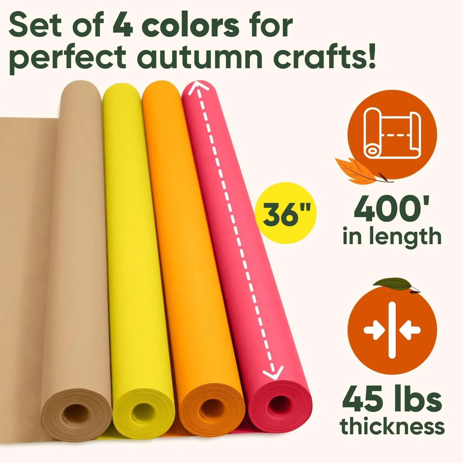 Gift Wrapping 36" x 1200" (100 ft) Thanksgiving Day Kraft Paper Rolls Set, 45 Lbs - Brown, Orange, domesticate Yellow, Red Kraft Paper - Made in USA Colored Paper for Crafts, DIY, School, 