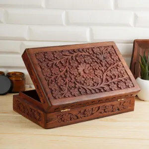 Gifts 10x6 Inch JP Wooden Handcarved Decorative Jewelry Storage Box Flower Design Multipurpose Treasure Chest Keepsake Organizer sonic Necklaces Watch Boxes Great for 