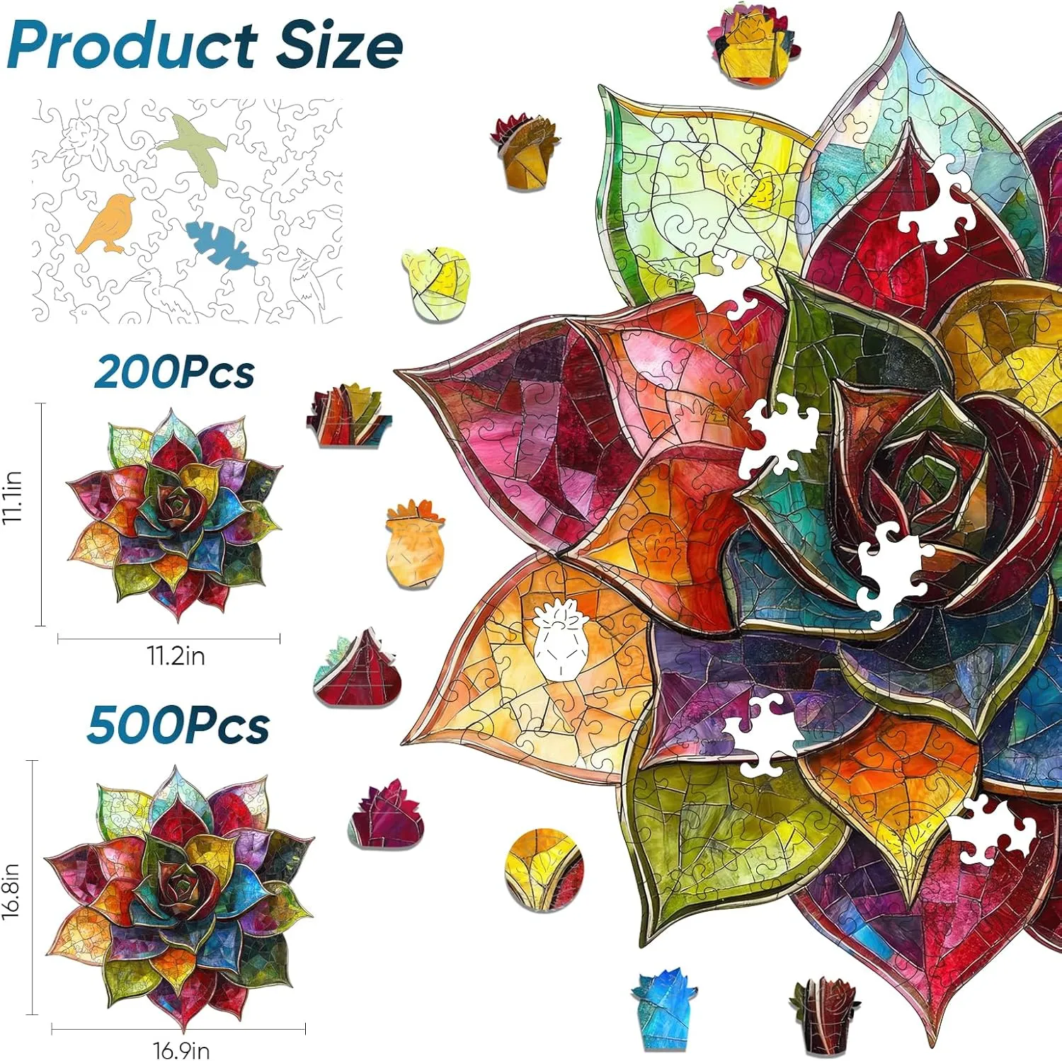 Gifts for Kids Family Game 11.1 * 11.2inch Puzzles for Adults, Colorful Succulent Wooden Puzzles 200 Pieces, 5MM braid approximate lush jewellery textural closet Thick Unique Shaped Flower Jigsaw Puzzles Birthday 