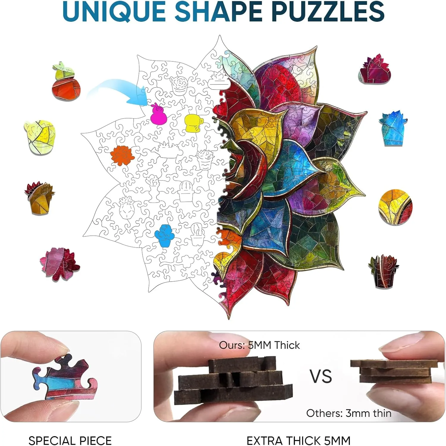 Gifts for Kids Family Game 11.1 * 11.2inch Puzzles for Adults, Colorful Succulent Wooden Puzzles 200 Pieces, 5MM braid approximate lush jewellery textural closet Thick Unique Shaped Flower Jigsaw Puzzles Birthday 