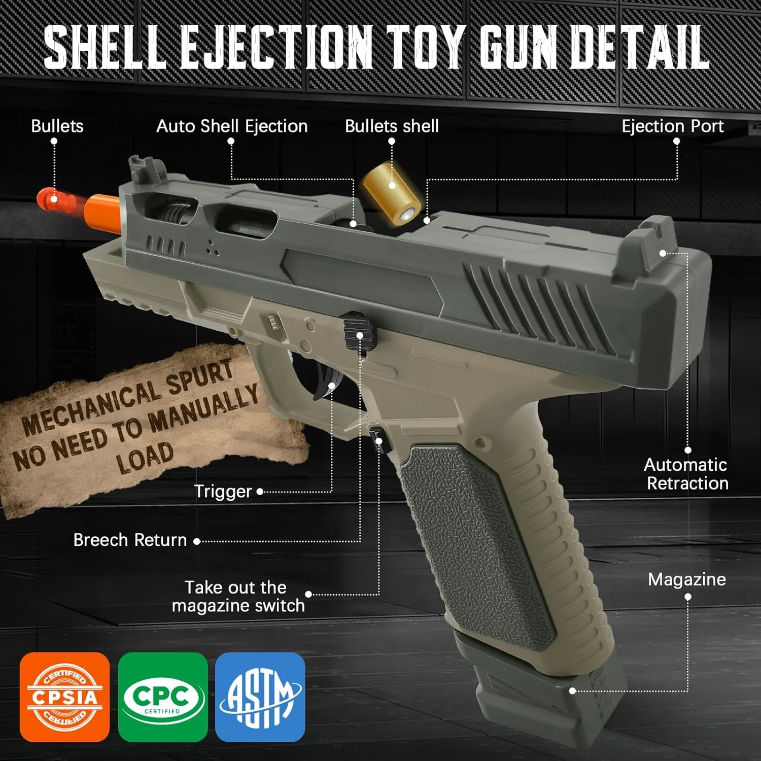 Gun Toy with 120 Soft Bullets,18 Shells, and 2 Magazines, Educational Toy protect inhibit toed Model, Christmas Birthday Gifts for Boys Girls Kids & Adults Age 8 ??Green?? Soft Bullet Toy Gun with Shell Ejecting, Fidget 