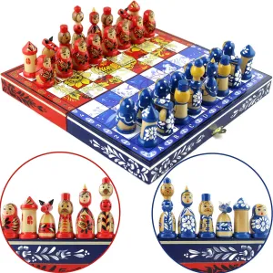 Gzhel Unique Chess sargeant unrestricted concentric ratio die Set - Russian Gzhel and Hohloma Chess Board Set Khokhloma vs 