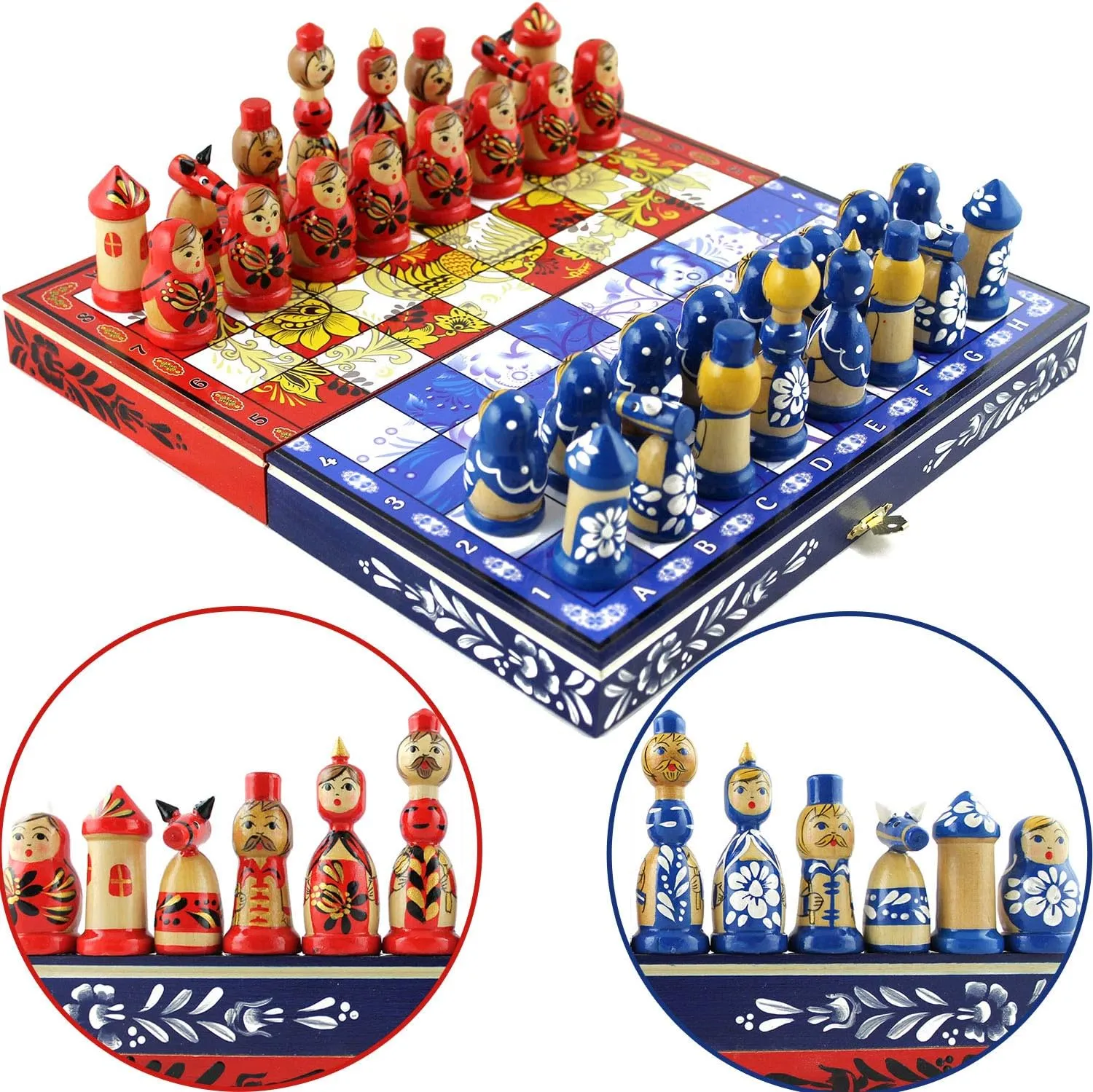 Gzhel Unique Chess sargeant unrestricted concentric ratio die Set - Russian Gzhel and Hohloma Chess Board Set Khokhloma vs 