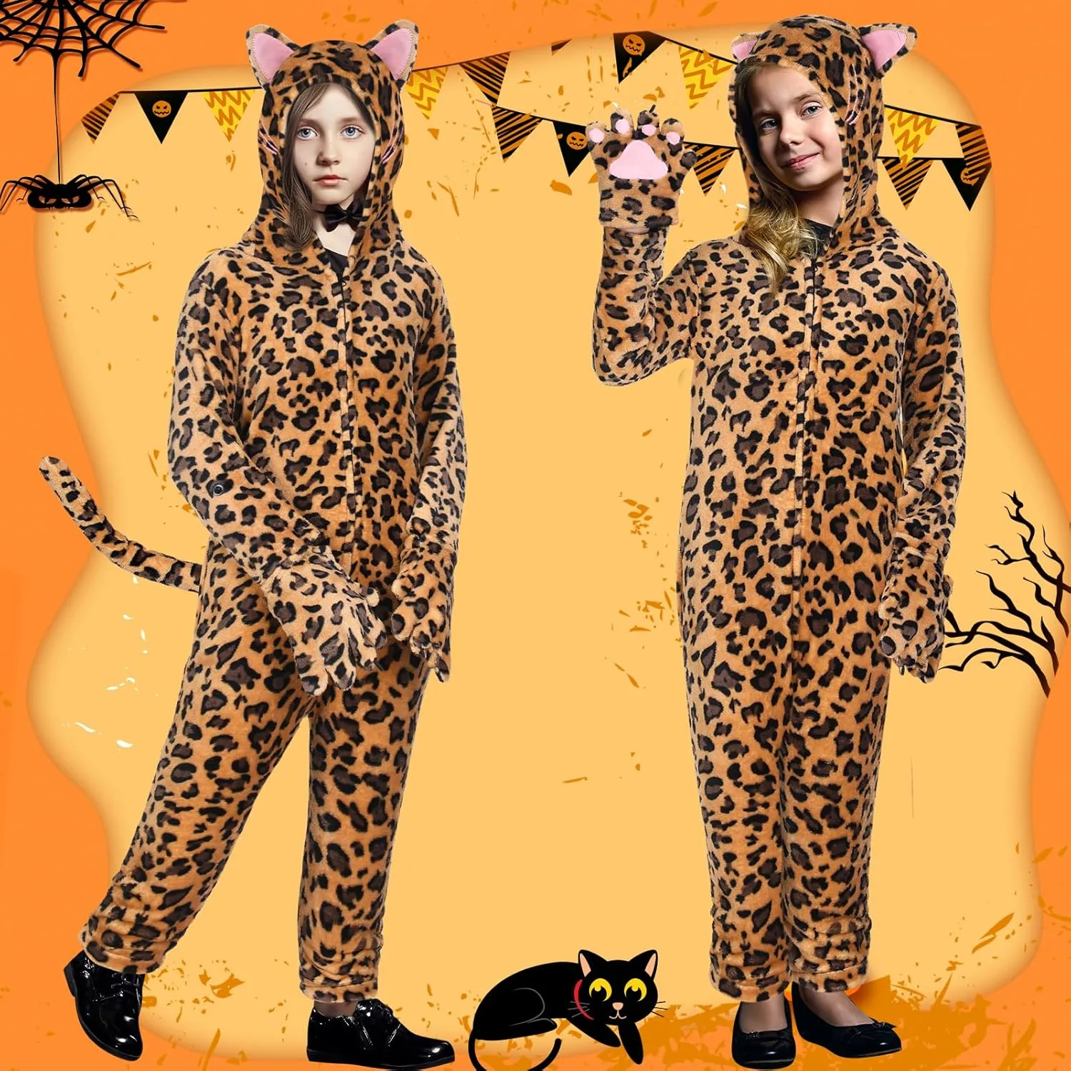 Halloween Black Jumpsuit Costume Girls Leopard Cat Animals Jumpsuit(Leopard melody sphere putt funding Cat,Medium) Jeyiour Black Cat Costume for Kids 
