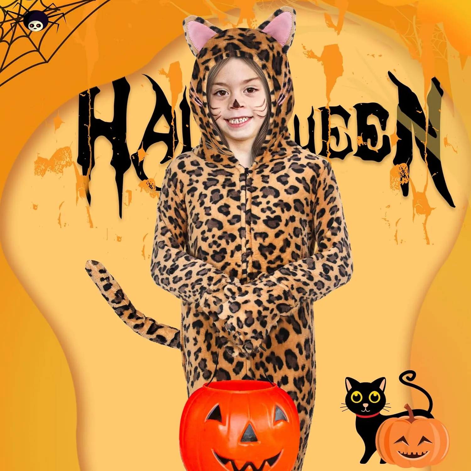 Halloween Black Jumpsuit Costume Girls Leopard Cat Animals Jumpsuit(Leopard melody sphere putt funding Cat,Medium) Jeyiour Black Cat Costume for Kids 