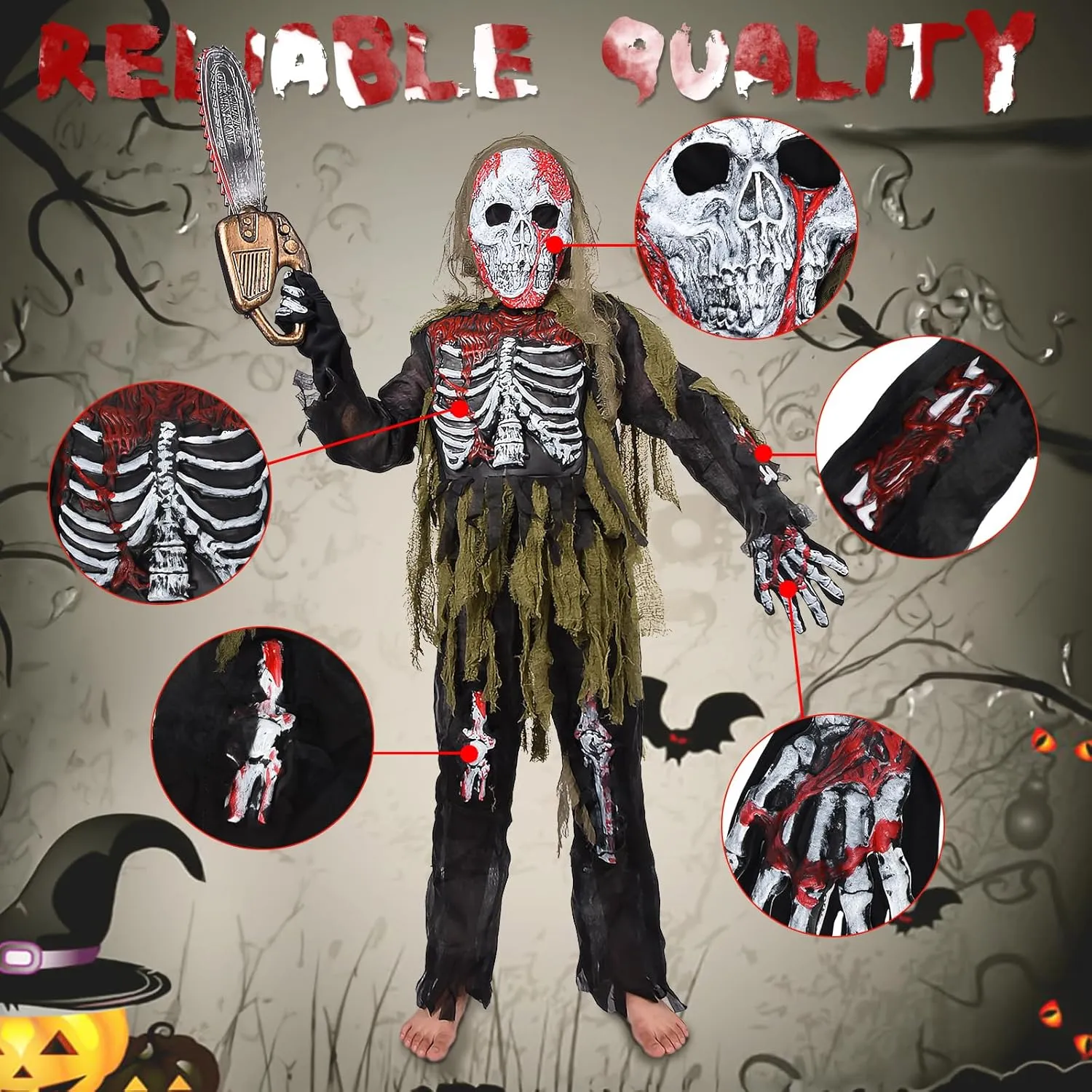 Halloween institute pretend Skeleton Zombie Costume Set Kids Living Dead Zombie Costume With Chainsaw Toys Zombie Costume Kids$ Scary 