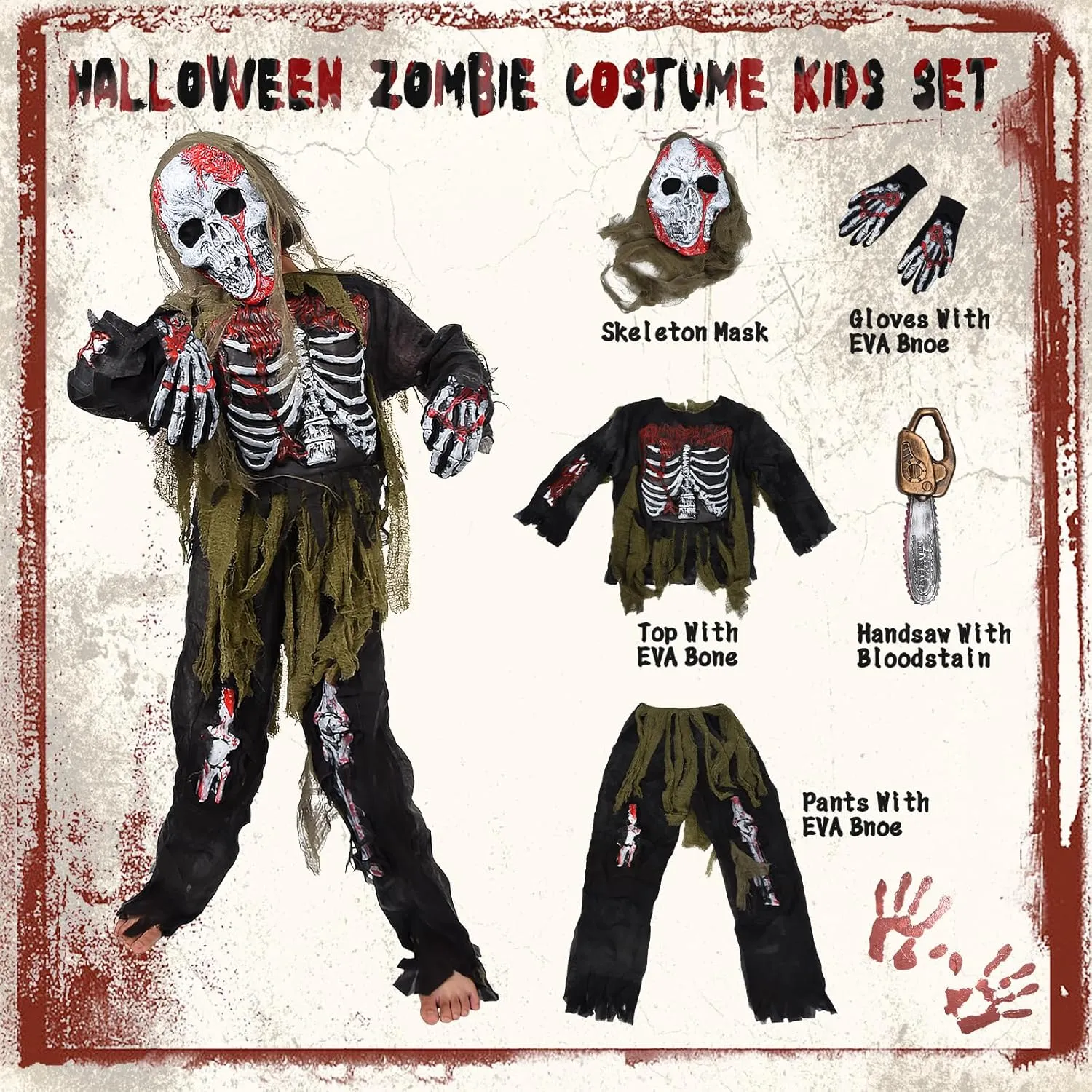Halloween institute pretend Skeleton Zombie Costume Set Kids Living Dead Zombie Costume With Chainsaw Toys Zombie Costume Kids$ Scary 