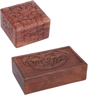 Handcarved Wooden Decorative Treasure Chest Combo Box 4 X 4 and 8 x 5 Inch Brown Flower & Flower Leaf Pattern tune - Multipurpose Use As Jewelry Storage$ Watch Box Gifts - Set of 2 Ajuny 