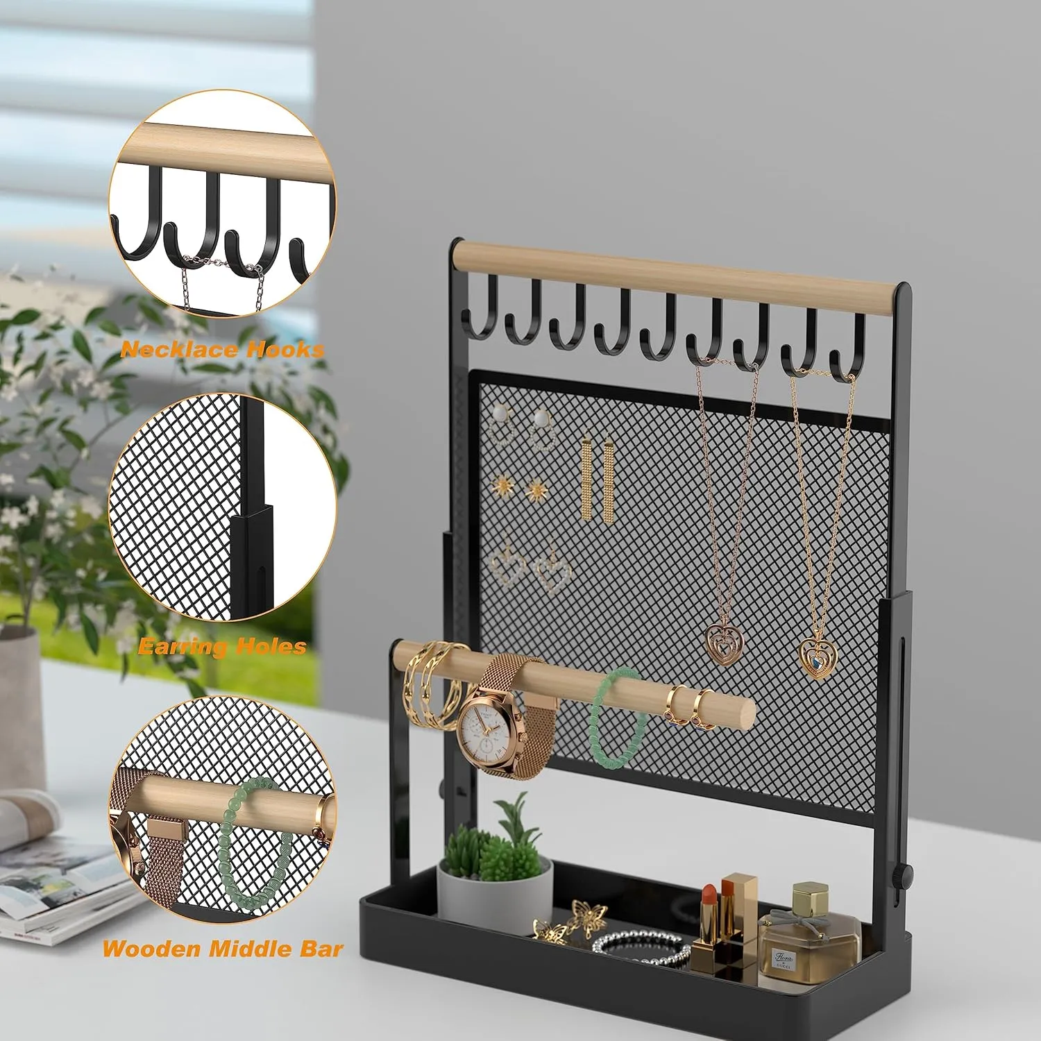 Handing Bar for Bracelets Watches unify Rings (Black) Jewelry Organizer Stand, Liftable Necklace Holder with Earring Organizer Net, 9 Hooks Necklaces Storage Wooden 
